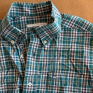 Southern Tide Men's Teal and White Plaid Shirt